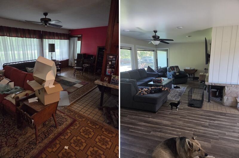 Living room before and after, side by side. Before: patterned floor and dark ceiling. After: new plank flooring, painted walls, white ceiling with recessed lights and a white feature wall.